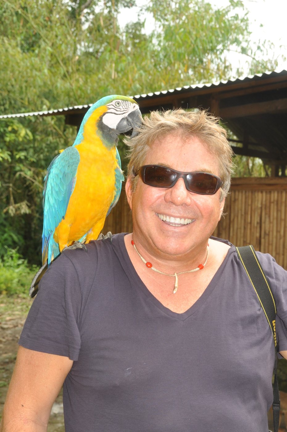 Steve Bender in sunglasses with a blue and gold macaw perched on his shoulder